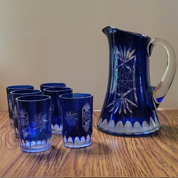 Vintage Cobalt Blue Clear Pitcher With 6 Juice Glasses - Etsy Vintage Colbalt Blue Etched Pitcher with Six Glasses